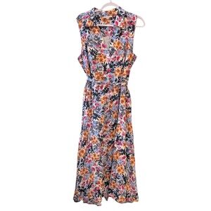 Woman Within Linen Blend Floral Sleeveless Belted MIDI Pocket Summer Dress 20W​